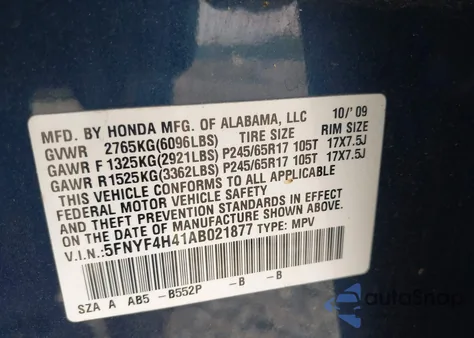 2010 Honda Pilot Ex z USA, uszkodzony, nr VIN 5FNYF4H41AB021877